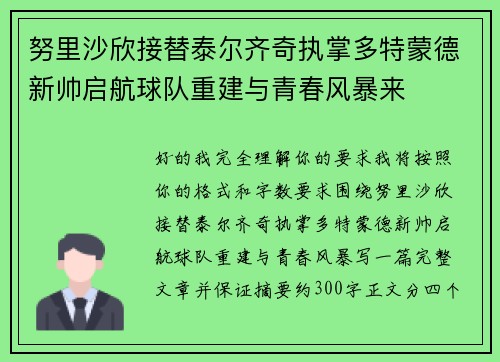 努里沙欣接替泰尔齐奇执掌多特蒙德新帅启航球队重建与青春风暴来