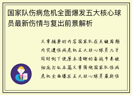 国家队伤病危机全面爆发五大核心球员最新伤情与复出前景解析